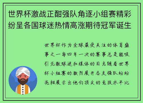 世界杯激战正酣强队角逐小组赛精彩纷呈各国球迷热情高涨期待冠军诞生